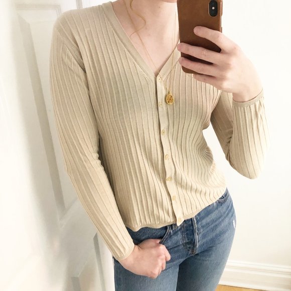 Vintage 100% Silk Ribbed V-Neck Cardigan Sweater - Picture 1 of 6
